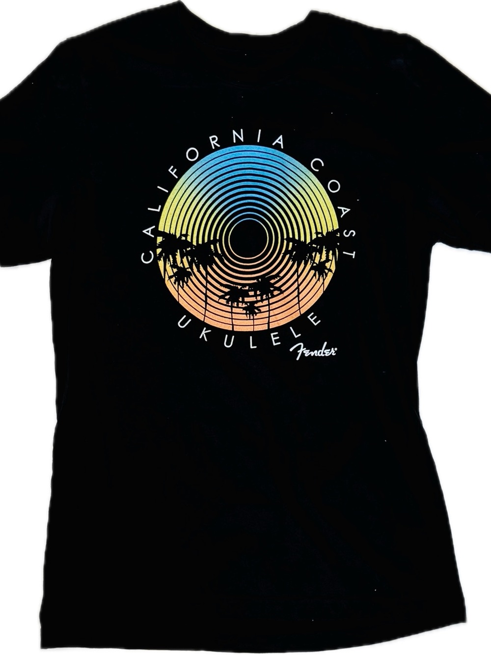Fender Black Tee with Blue, Yellow & Orange Sunset Ukulele Graphic